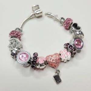 NWT Pandora Style Charm Bracelet Love Letter Hearts Pink Silver Snap Lock XS